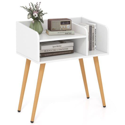 Mid Century Modern Nightstand  with Open Shelves-Brown
