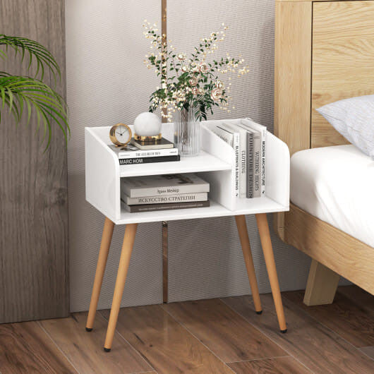 Mid Century Modern Nightstand  with Open Shelves-Brown